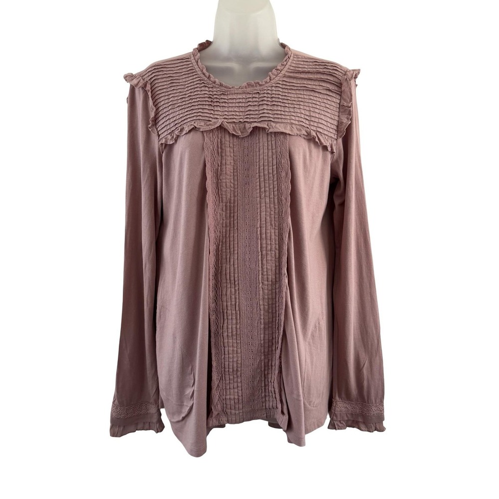 LOGO Lori Goldstein Boho Pintuck Tunic Top Mauve Crochet Trim Lagenlook Pockets